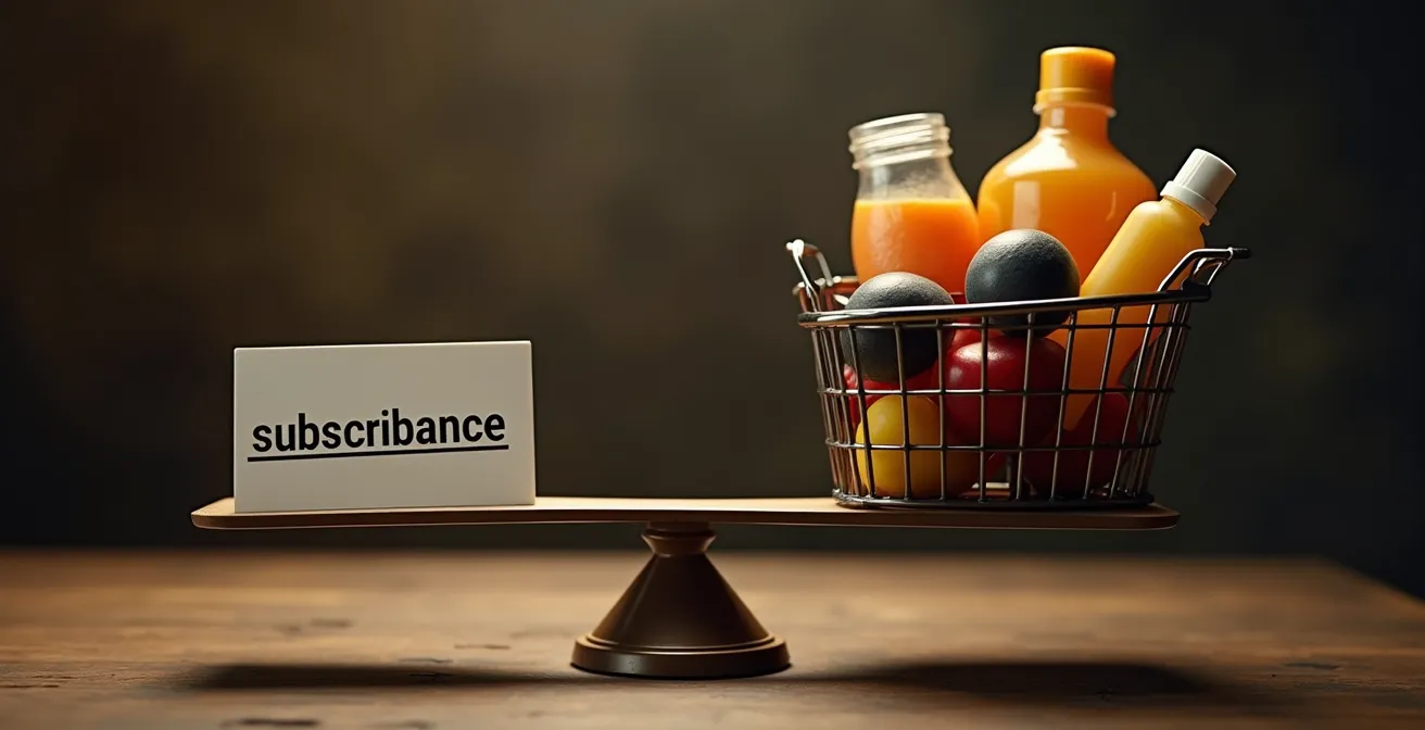 Illustration symbolique d'une balance pesant un abonnement livraison et un panier d'achats