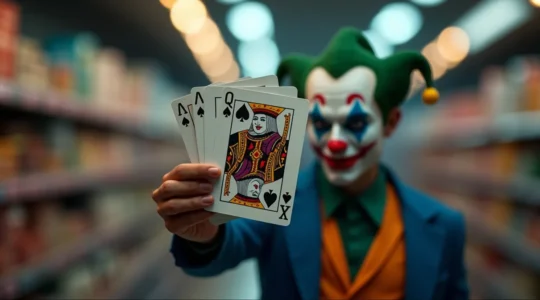 Illustration symbolique mettant en scène un joker de jeu de cartes avec un bon de réduction, représentant la stratégie gagnante pour économiser en magasin.