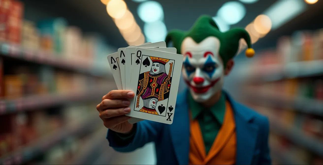 Illustration symbolique mettant en scène un joker de jeu de cartes avec un bon de réduction, représentant la stratégie gagnante pour économiser en magasin.