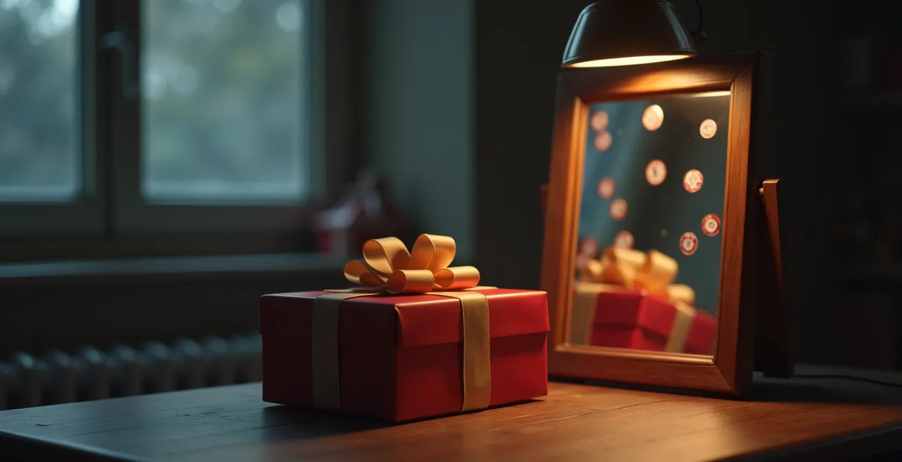 Illustration symbolique d'un cadeau emballé avec un prix caché derrière, représentant la valeur réelle versus la perception de gratuité.