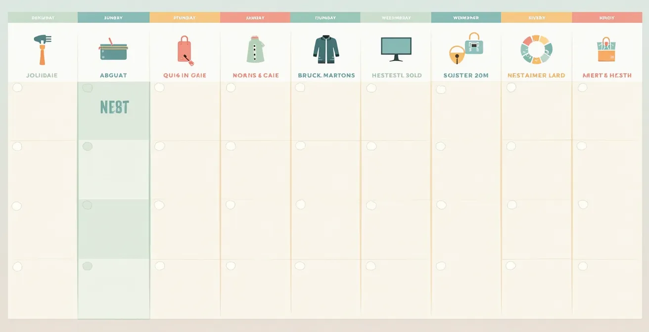 Calendrier visuel stylisé montrant les meilleures périodes d'achats avec des icônes pour jardinage, vêtements, high-tech, services et occasion