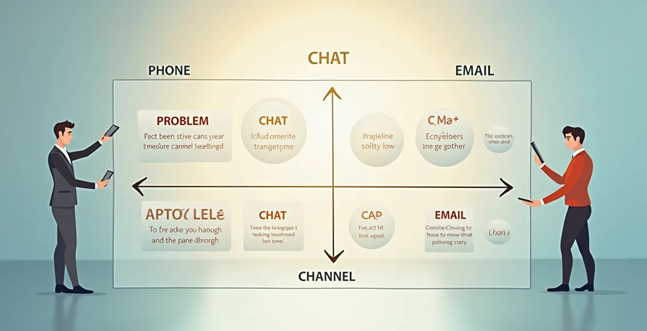 Illustration d'une matrice simplifiée reliant les canaux téléphone, chat et email aux types de problèmes clients selon urgence et complexité.