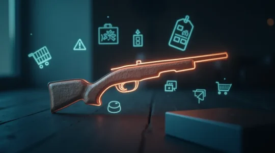 Illustration symbolique d'une arme formée par un code promo numérique, entourée de symboles de shopping et de négociation