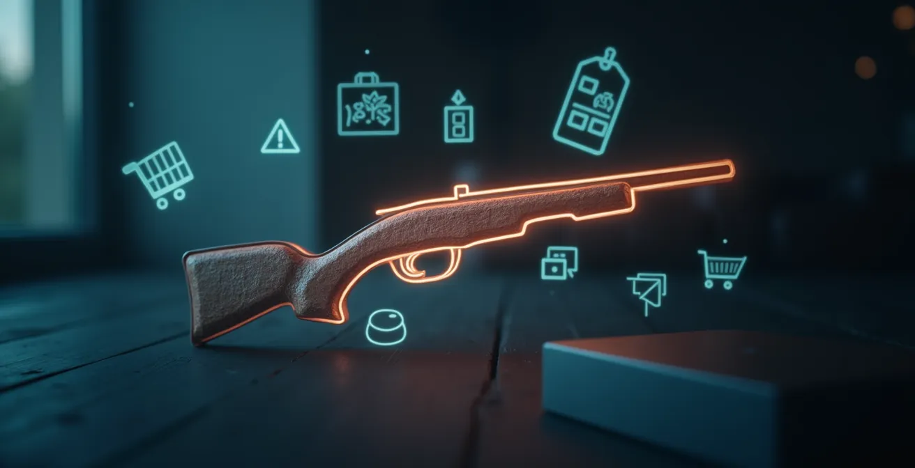 Illustration symbolique d'une arme formée par un code promo numérique, entourée de symboles de shopping et de négociation