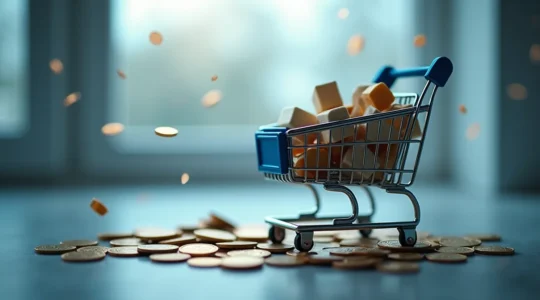 Illustration symbolique d'un panier d'achat en ligne avec pièces de monnaie et une étiquette de frais de port cachée