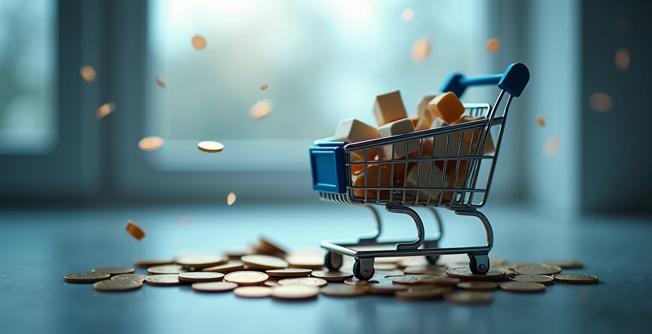 Illustration symbolique d'un panier d'achat en ligne avec pièces de monnaie et une étiquette de frais de port cachée