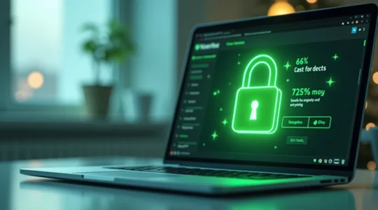 Une illustration symbolique d'un cadenas vert numérique superposé à un ordinateur portable affichant une page de shopping en ligne pour représenter la cybersécurité du shopping en ligne.