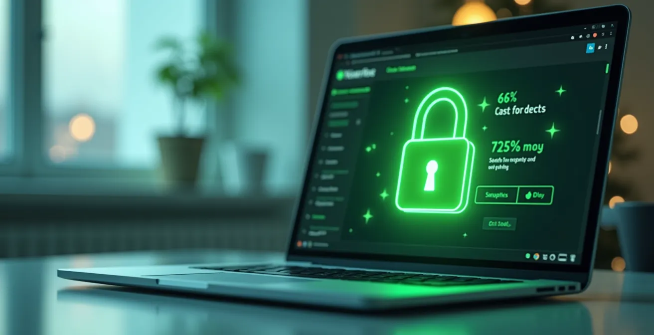 Une illustration symbolique d'un cadenas vert numérique superposé à un ordinateur portable affichant une page de shopping en ligne pour représenter la cybersécurité du shopping en ligne.