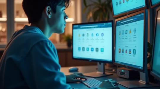 Une personne devant plusieurs écrans comparant des boutiques en ligne avec des icônes de shopping, cartes bancaires, et évaluations visibles.