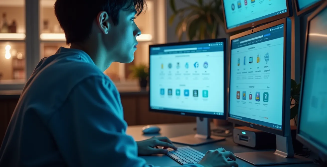 Une personne devant plusieurs écrans comparant des boutiques en ligne avec des icônes de shopping, cartes bancaires, et évaluations visibles.