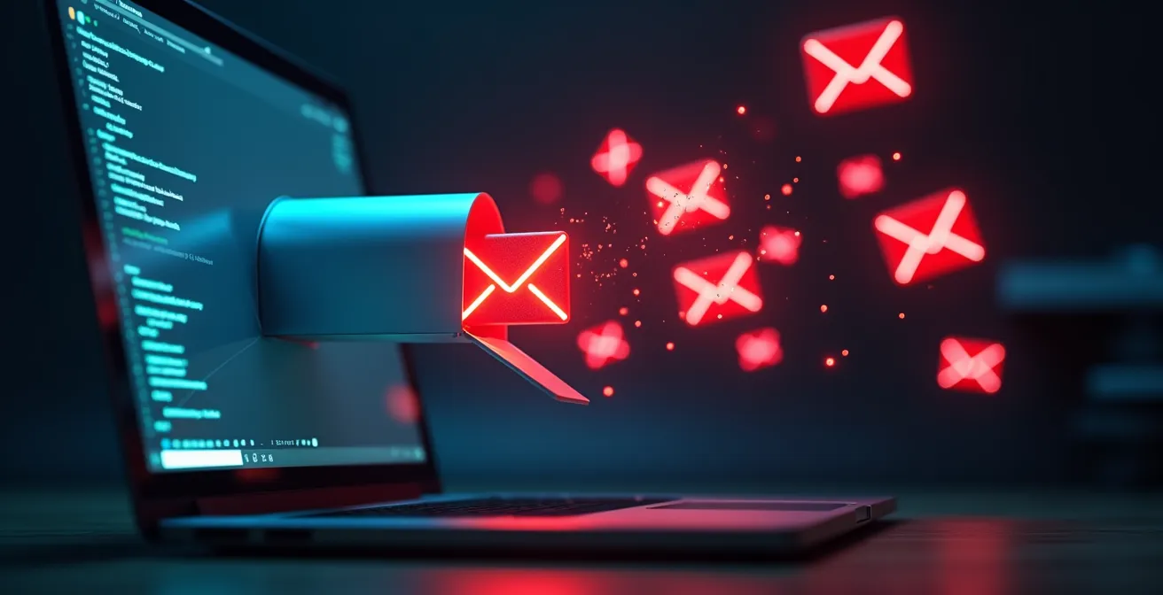 Image représentant une boîte mail avec des emails jetables rouges sortant d’un ordinateur, symbolisant la tentative d’exploitation des offres marketing.