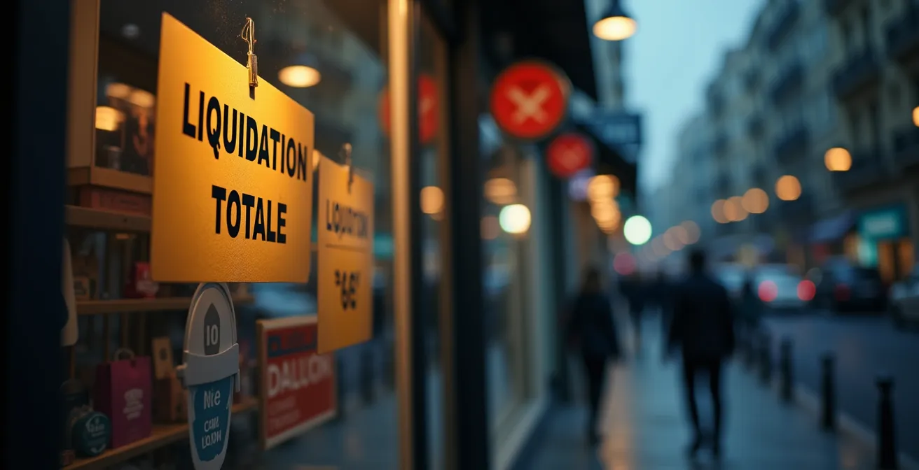 Image symbolique d’un magasin avec panneaux de liquidation, mise en garde visuelle et loupe inspectant une étiquette de prix