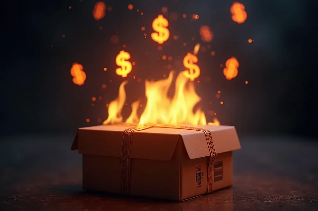 Image montrant un colis avec une flamme et un symbole de dollar pour représenter le coût caché de la livraison express