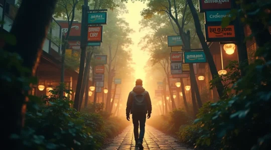 Illustration symbolique représentant une personne au centre d'une forêt dense de panneaux et écrans avec logos de marketplaces, cherchant un chemin lumineux vers des pépites brillantes