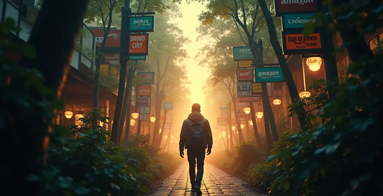 Illustration symbolique représentant une personne au centre d'une forêt dense de panneaux et écrans avec logos de marketplaces, cherchant un chemin lumineux vers des pépites brillantes