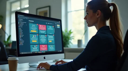 Personne utilisant un ordinateur avec plusieurs fenêtres d'alertes promotionnelles sur un bureau bien organisé