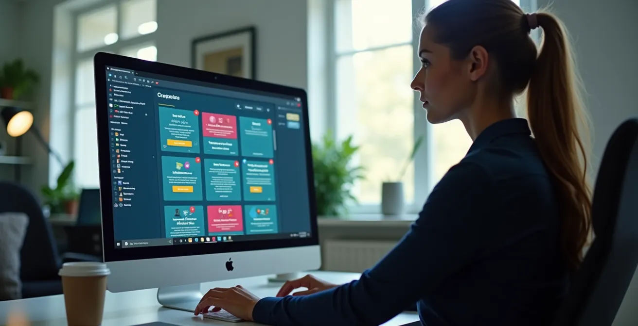 Personne utilisant un ordinateur avec plusieurs fenêtres d'alertes promotionnelles sur un bureau bien organisé