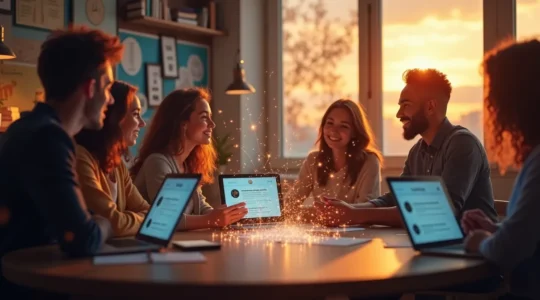 Illustration symbolique représentant une communauté diverse partageant des bons plans en ligne autour d'un réseau connecté