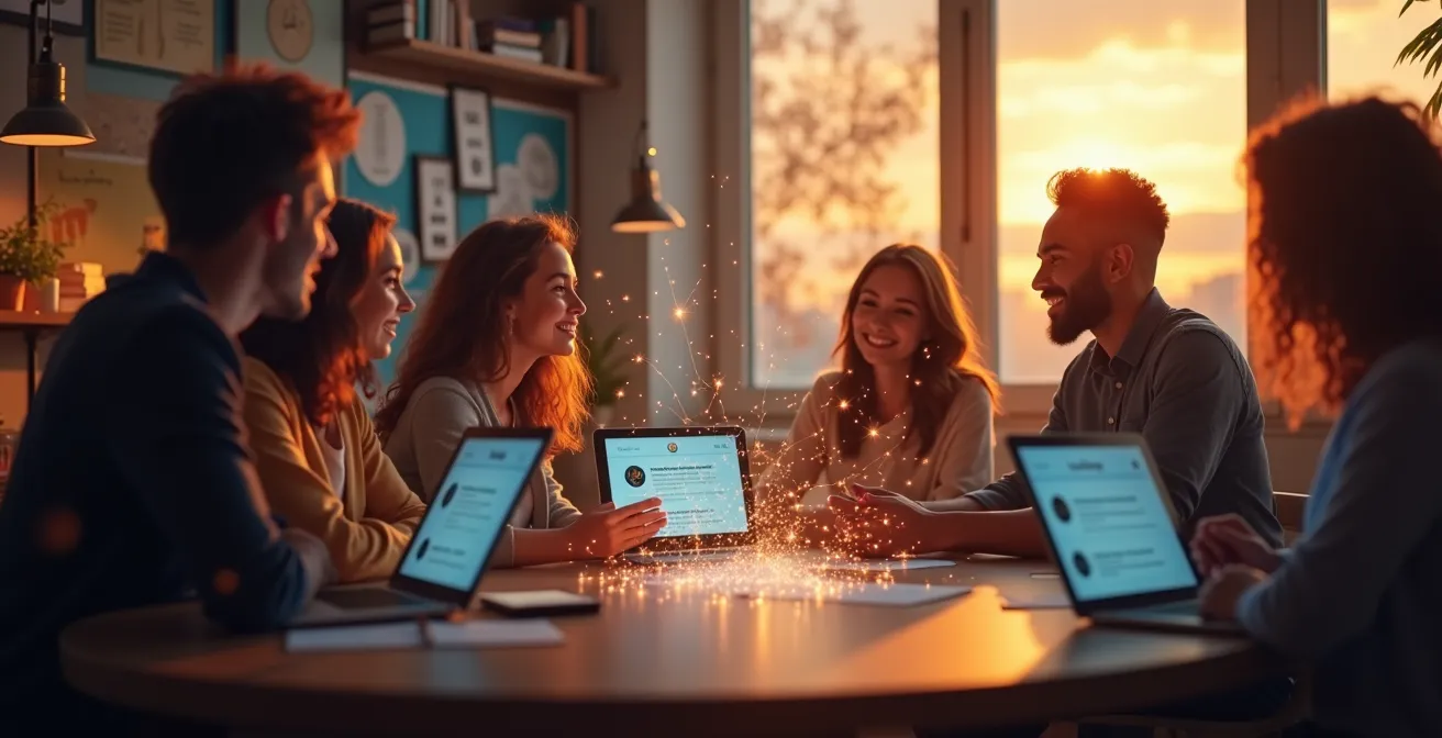 Illustration symbolique représentant une communauté diverse partageant des bons plans en ligne autour d'un réseau connecté