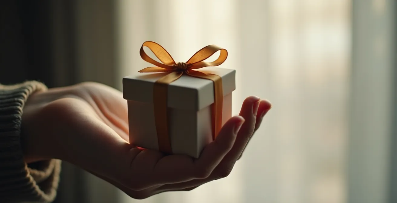 Une main tend une boîte cadeau avec un ruban, symbolisant une offre de bienvenue qui cache une stratégie marketing.
