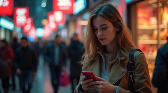 Une scène dynamique d'une foule ciblée et organisée dans un magasin lors des soldes, montrant une personne concentrée avec un smartphone et une liste de produits à acheter.