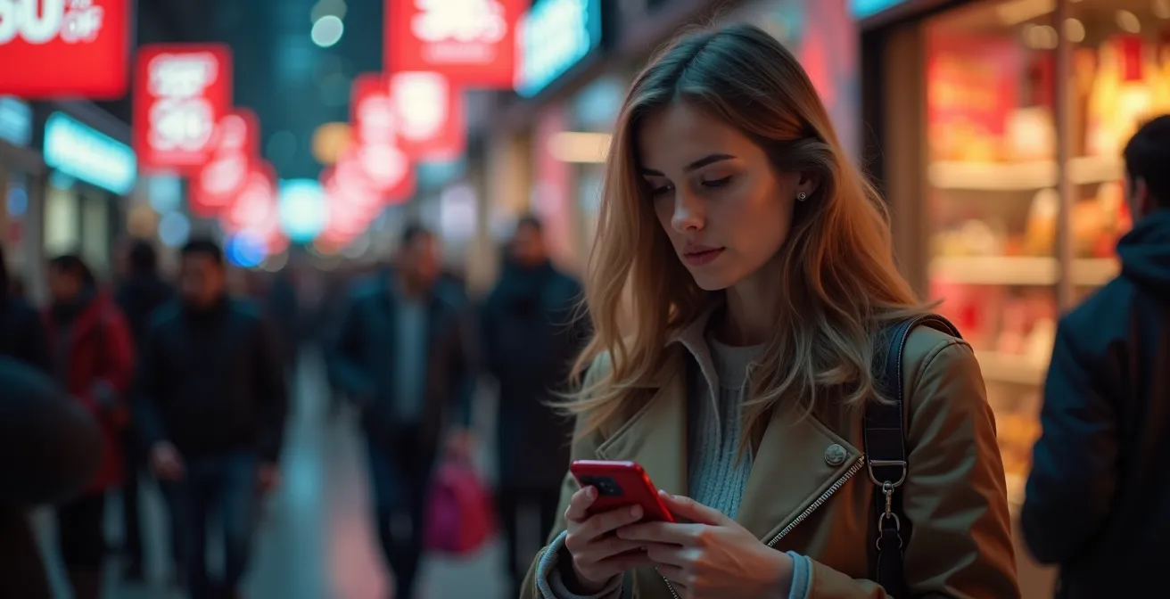 Une scène dynamique d'une foule ciblée et organisée dans un magasin lors des soldes, montrant une personne concentrée avec un smartphone et une liste de produits à acheter.