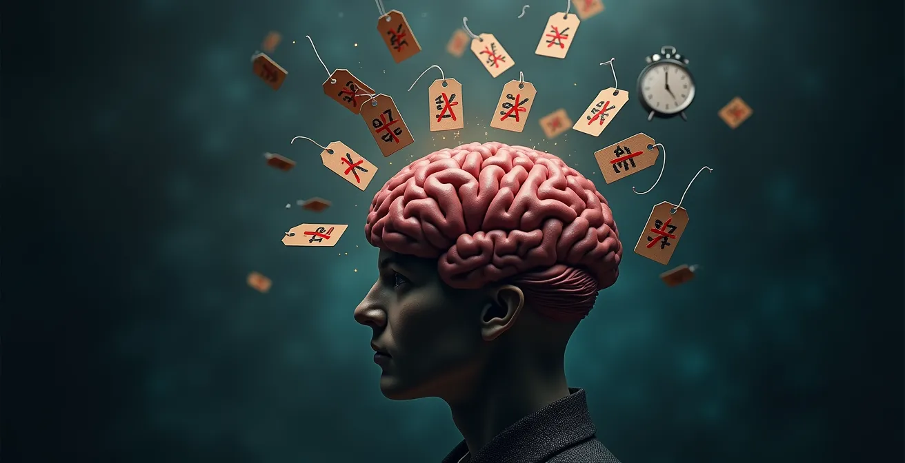 Visuel conceptuel montrant un cerveau submergé par des étiquettes de prix barrés, des codes promo et une horloge symbolisant l'urgence