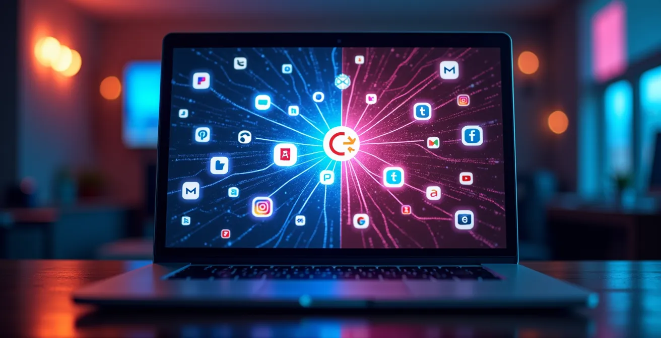 Illustration représentant une interface digitale avec logos de plateformes spécialisées et symboles de communautés privées en ligne.