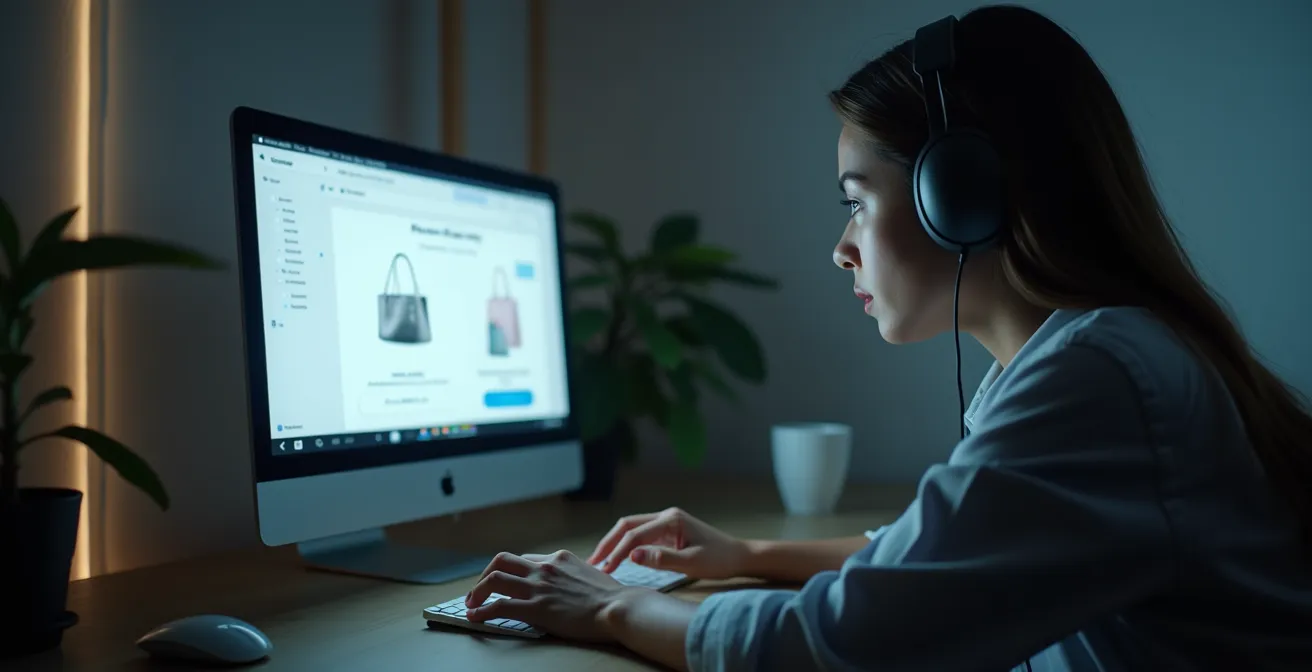 Une personne concentrée devant un ordinateur, écran affichant un formulaire de commande, avec un éclairage tamisé et un cadre épuré, accompagnée d’un casque antibruit à proximité.