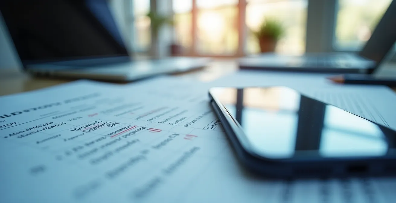 Un tableau organisé sur un écran d’ordinateur avec des colonnes pour prix, composition, origine et liens, accompagné de notes et d’un smartphone montrant un forum de bons plans.