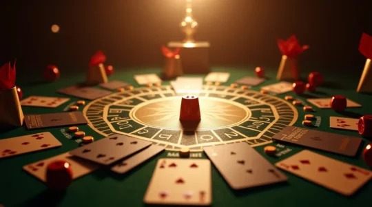 Illustration symbolique représentant un jeu de plateau avec des cartes de fidélité, des pièces et des dés, illustrant la stratégie et la compétition autour des programmes de fidélité.