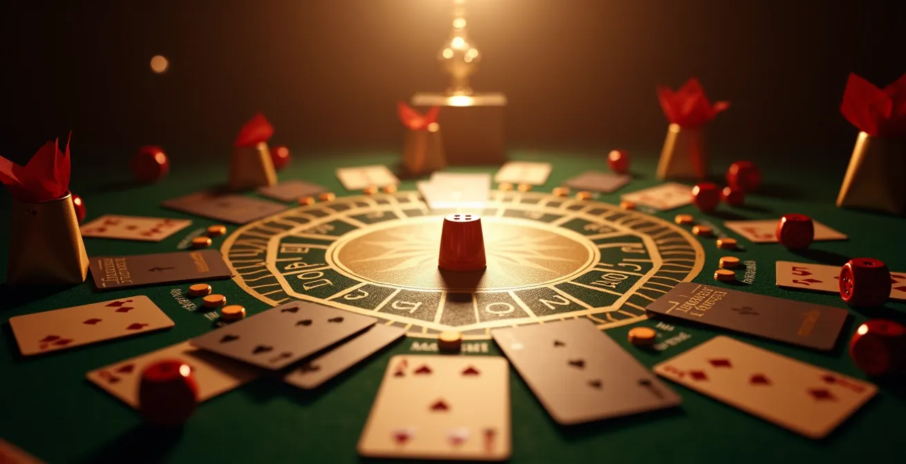 Illustration symbolique représentant un jeu de plateau avec des cartes de fidélité, des pièces et des dés, illustrant la stratégie et la compétition autour des programmes de fidélité.