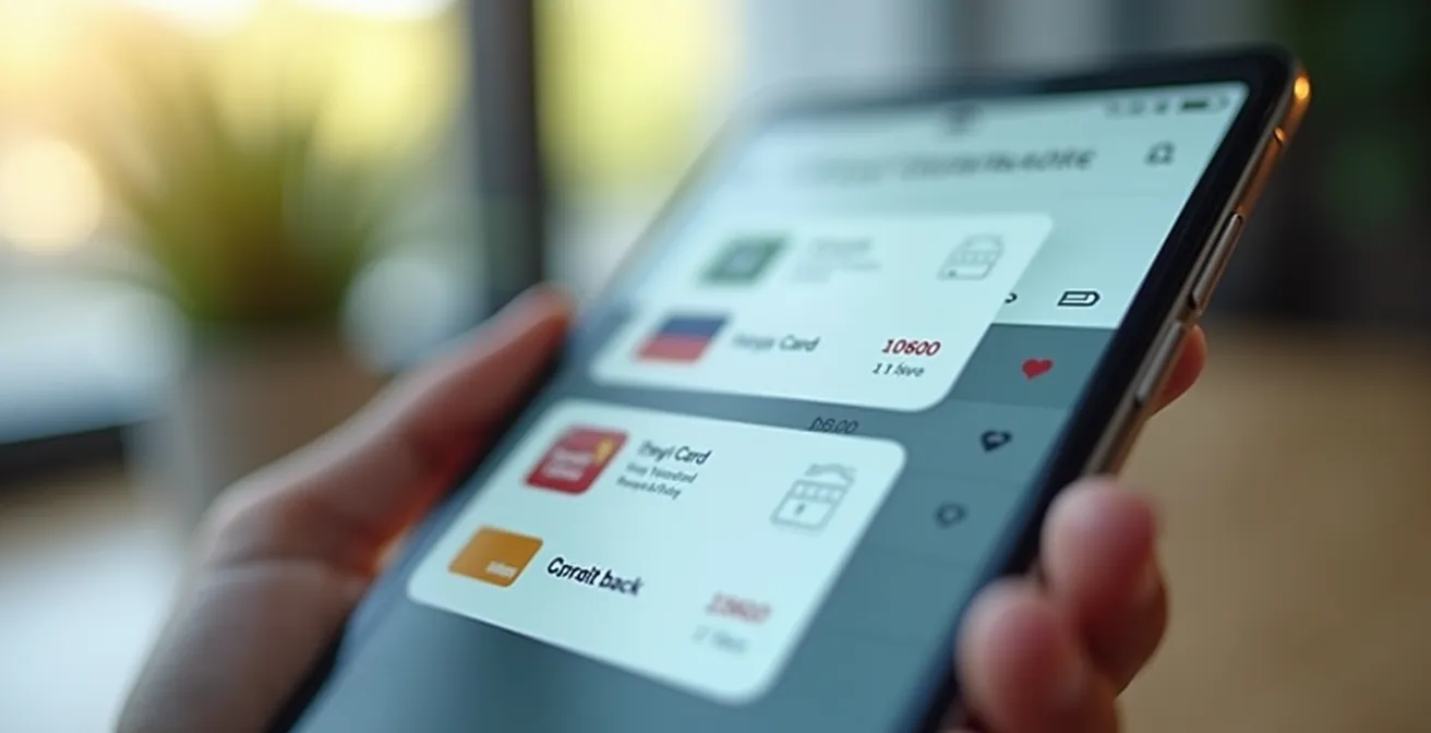 Illustration symbolisant l'accumulation simultanée de récompenses via une carte de fidélité, une carte bancaire et une application de cashback pour une seule transaction.