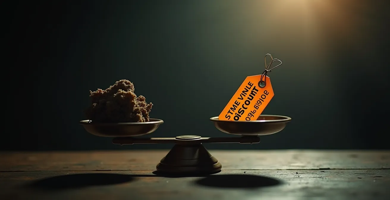 Image symbolique montrant une balance entre une offre de réduction immédiate attractive et un piège marketing subtil