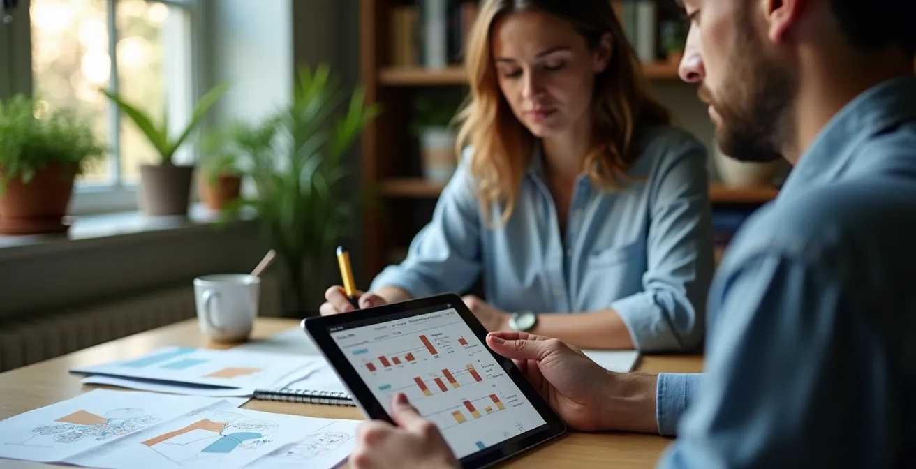 Personne analysant l'historique des publications d'un influenceur sur tablette avec des notes manuscrites