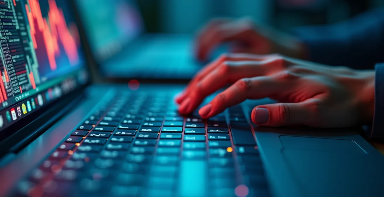 Vue macro de données d'analyse sur écran avec reflets abstraits