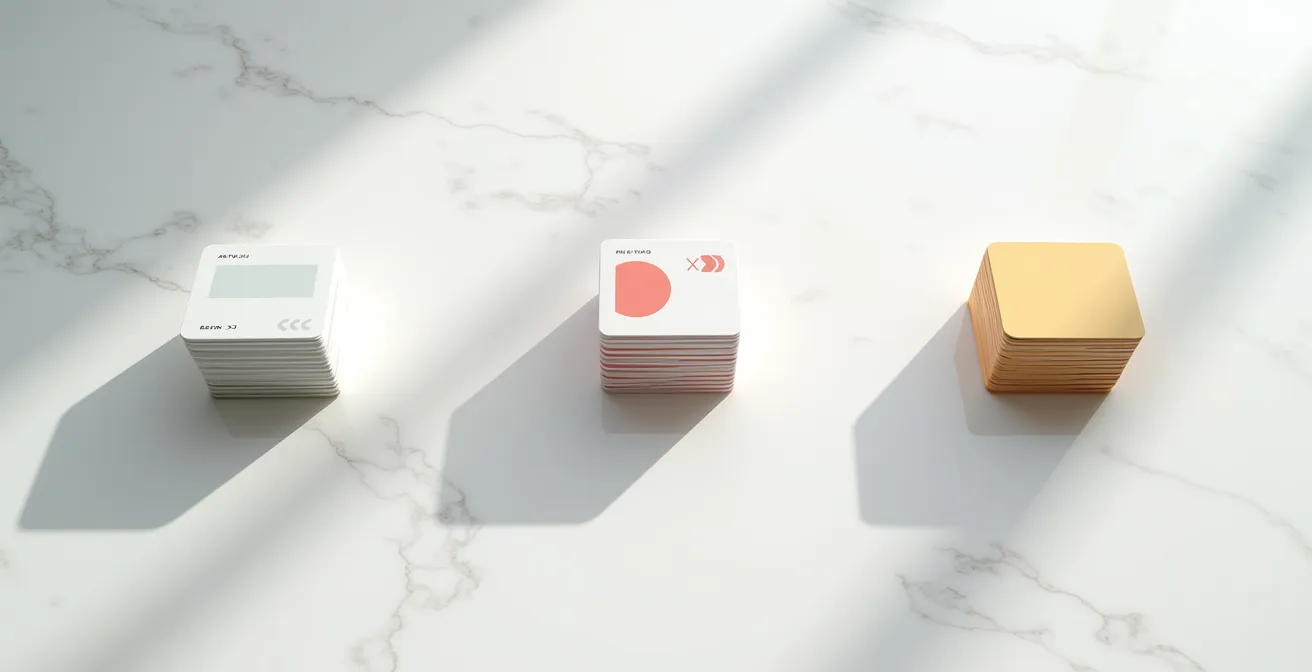 Vue en plongée d'un bureau organisé avec des cartes de fidélité triées en piles distinctes