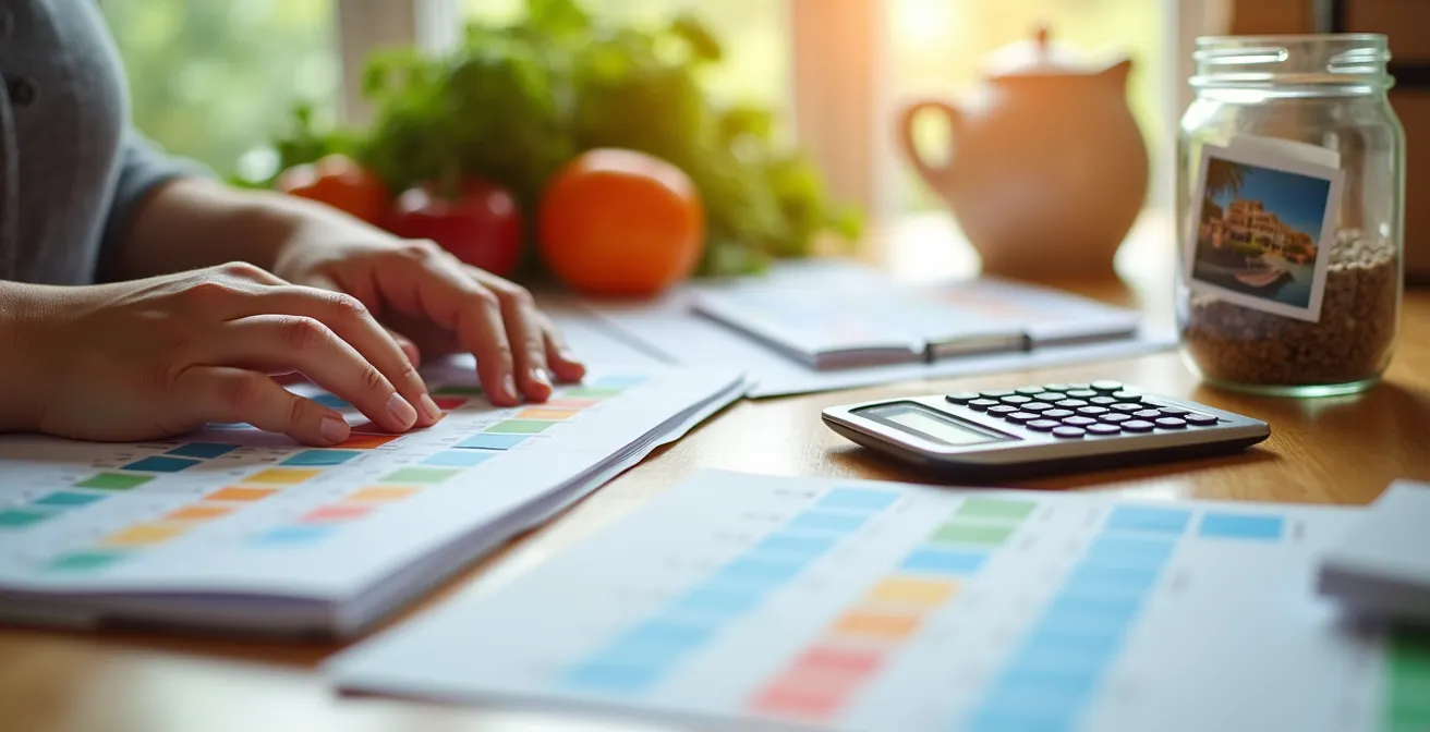 Espace de travail épuré montrant l'organisation automatisée du budget courses familial