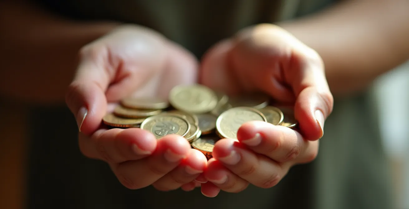 Mains tenant délicatement des pièces, symbolisant le soin apporté à l'épargne automatisée