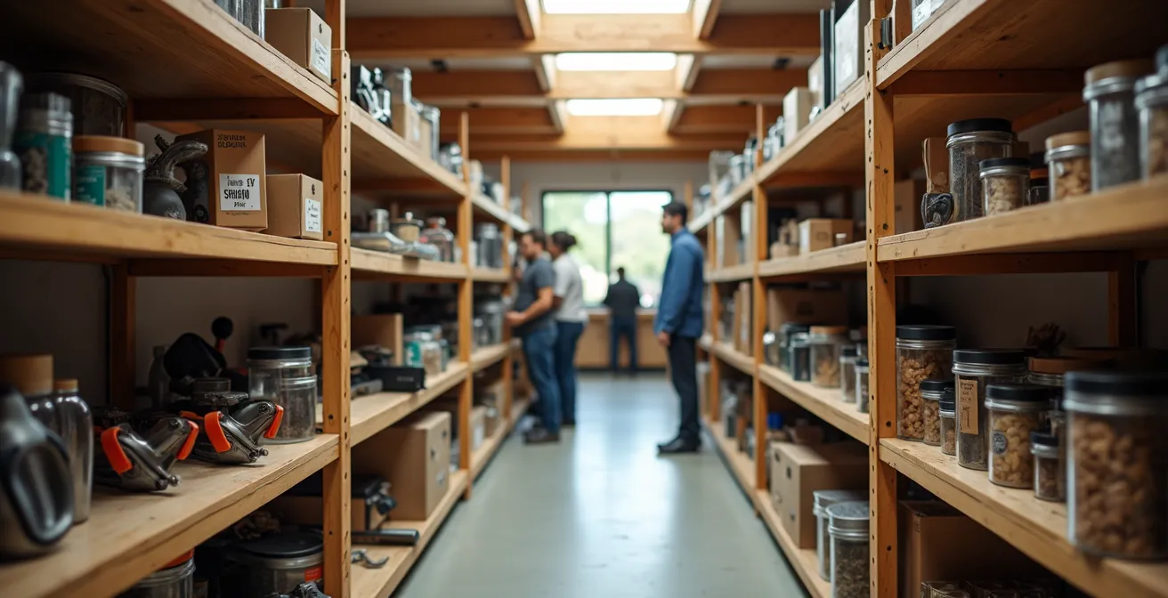 Espace de partage communautaire avec étagères d'outils et objets mutualisés
