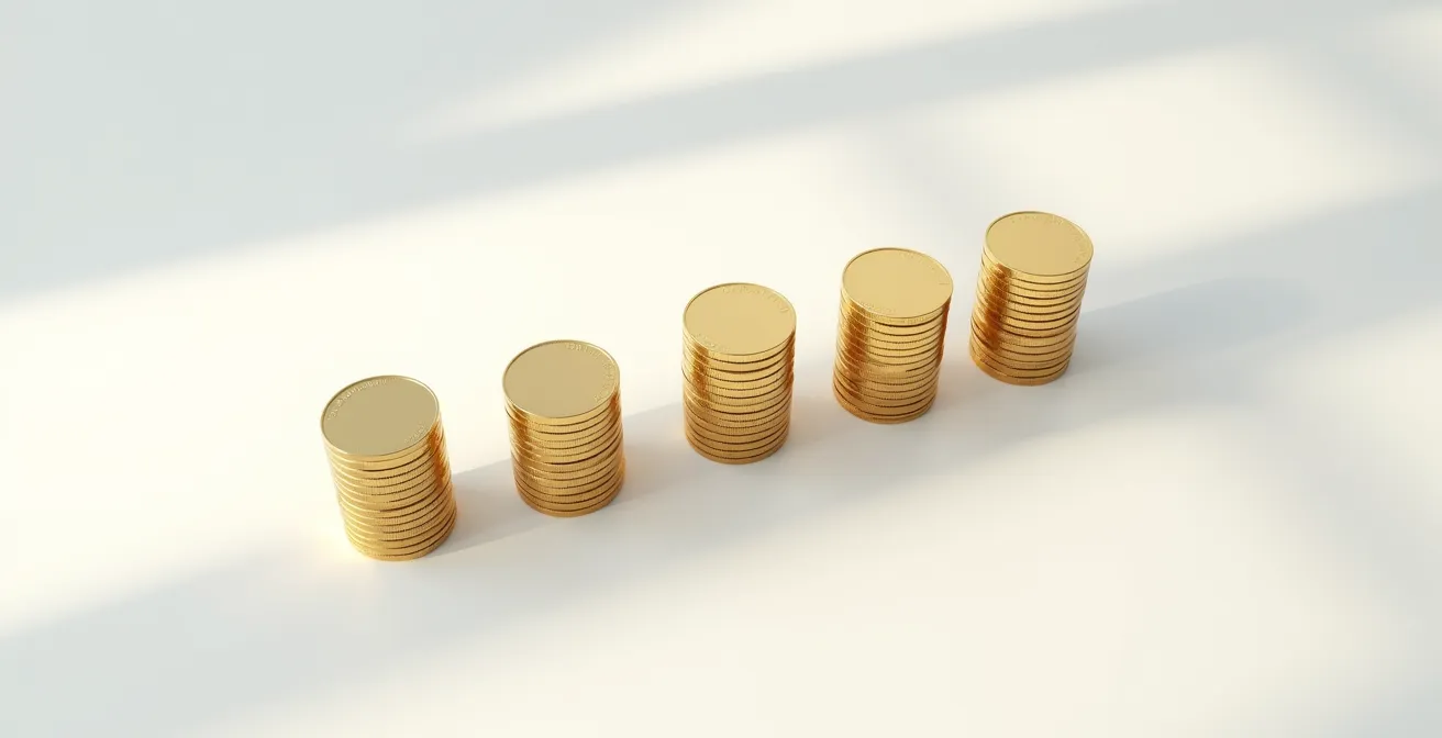 Vue en plongée d'une pile de pièces dorées avec effet de profondeur de champ