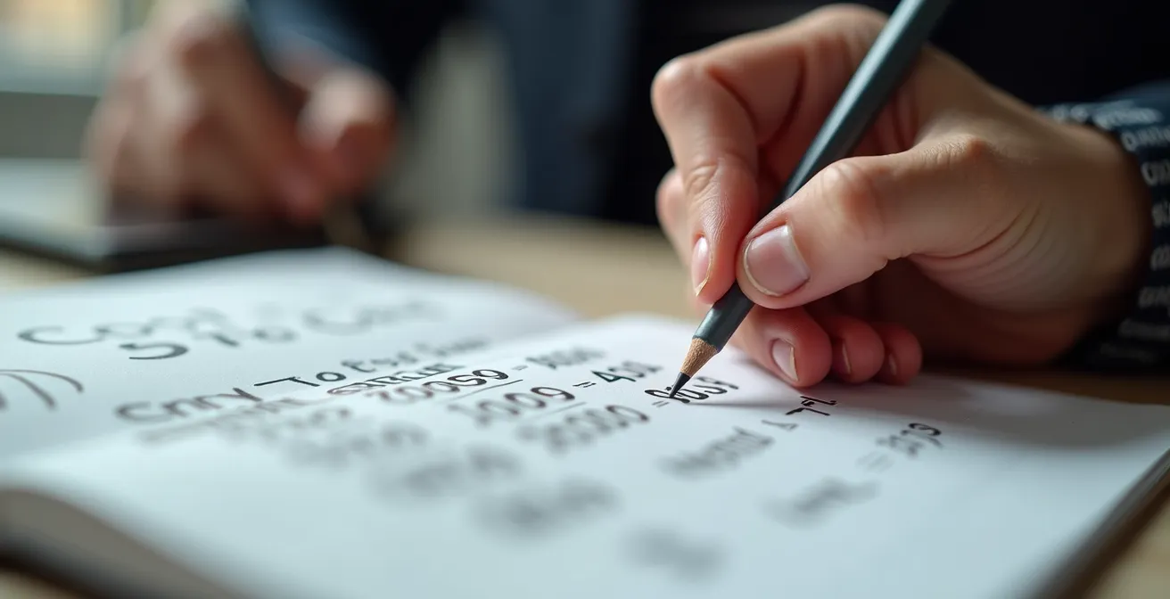 Personne calculant le coût par usage d'un vêtement de qualité sur un carnet