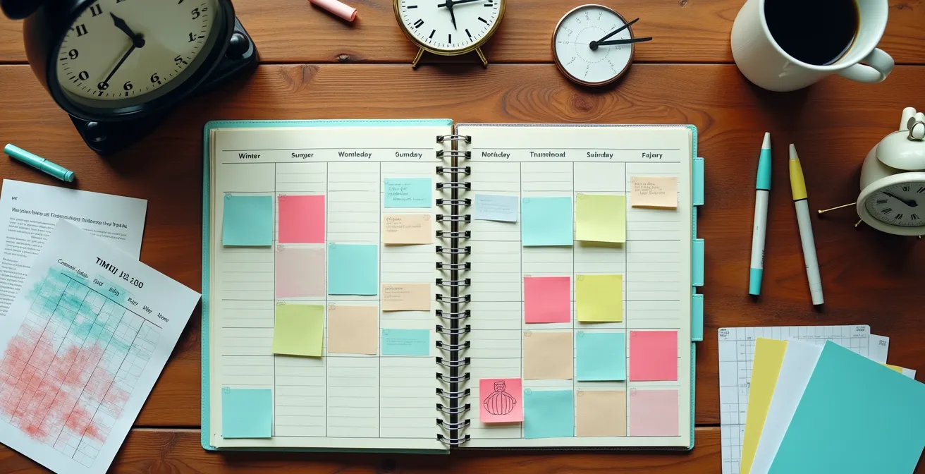 Vue aérienne d'un bureau organisé avec agenda et documents de contrats
