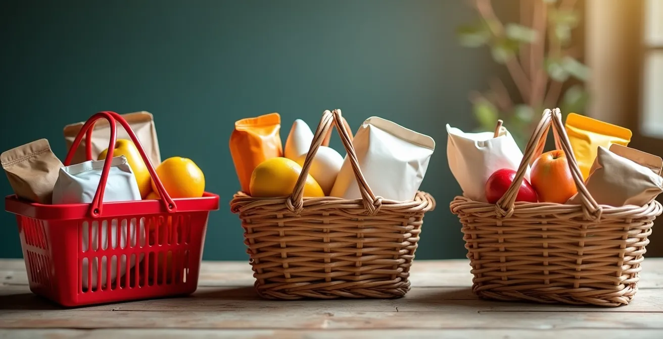 Composition minimaliste montrant trois environnements d'achat différents en perspective