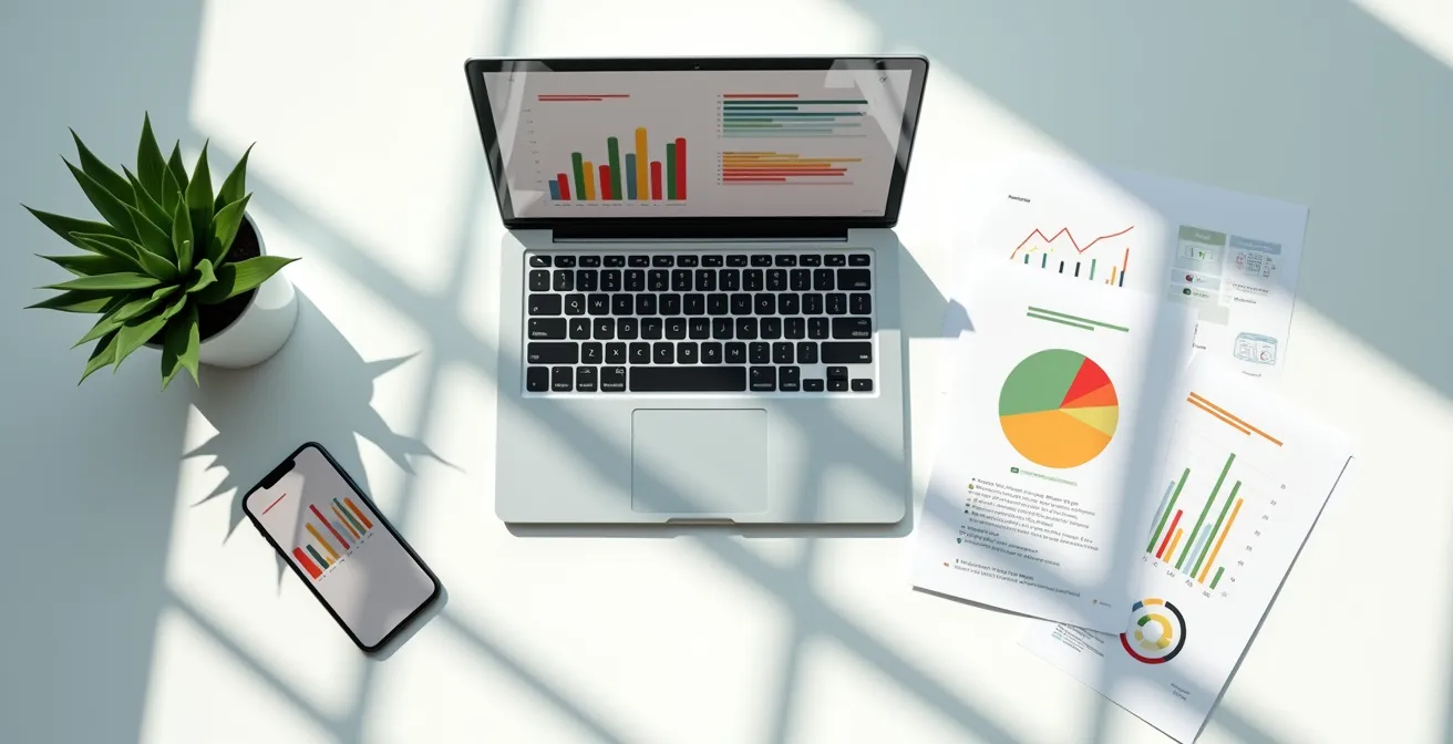 Vue en plongée d'un bureau avec un ordinateur portable affichant des graphiques et des documents comparatifs éparpillés