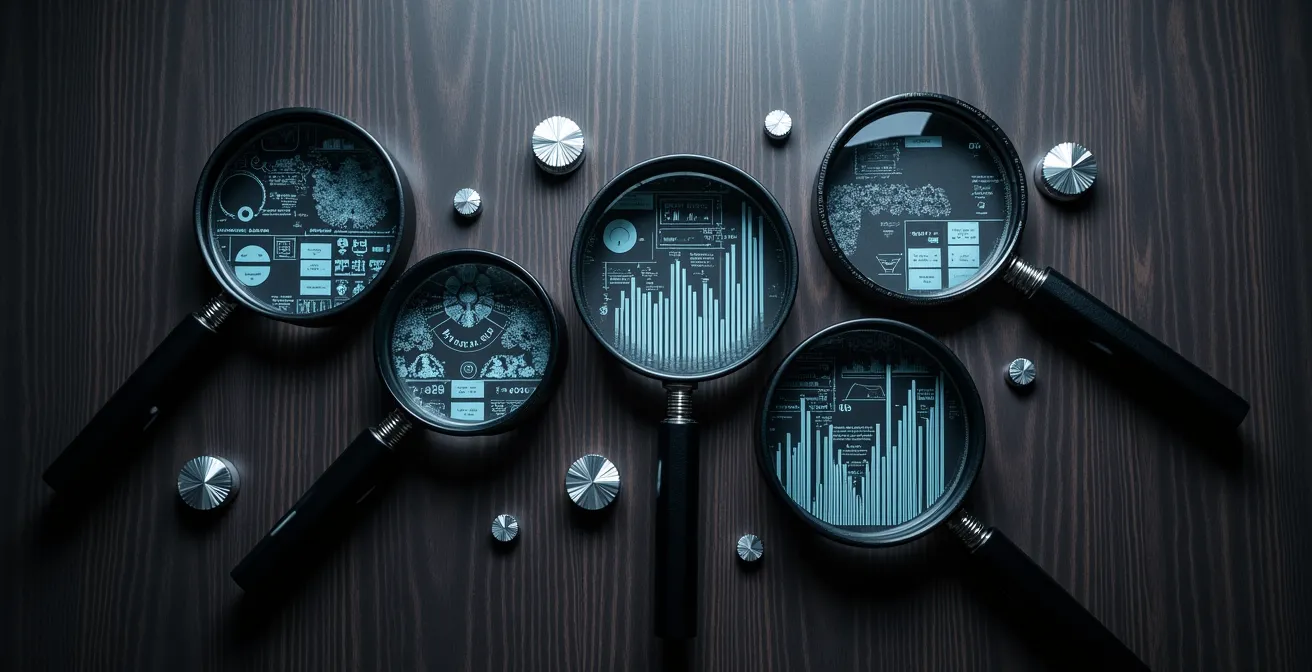 Composition artistique avec loupes, horloges et graphiques abstraits symbolisant la surveillance des prix