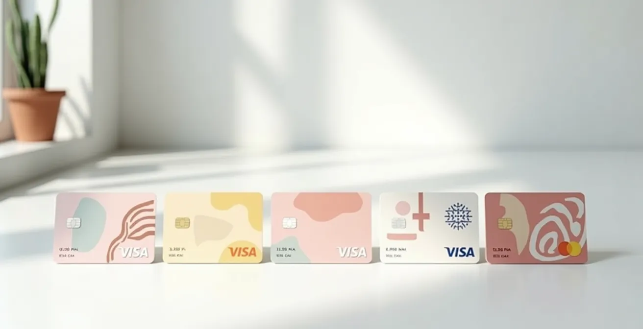 Composition montrant plusieurs cartes bancaires et symboles de remises sans texte visible