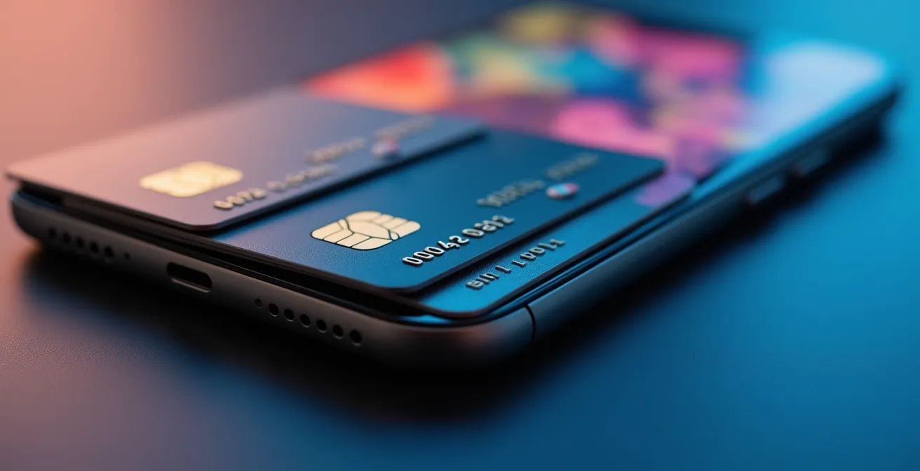 Smartphone montrant une interface bancaire floue avec cartes bancaires empilées sur un bureau