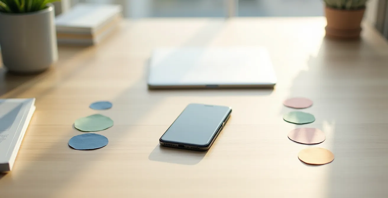 Main tenant un smartphone avec des indicateurs de notification abstraits symbolisant une configuration personnalisée