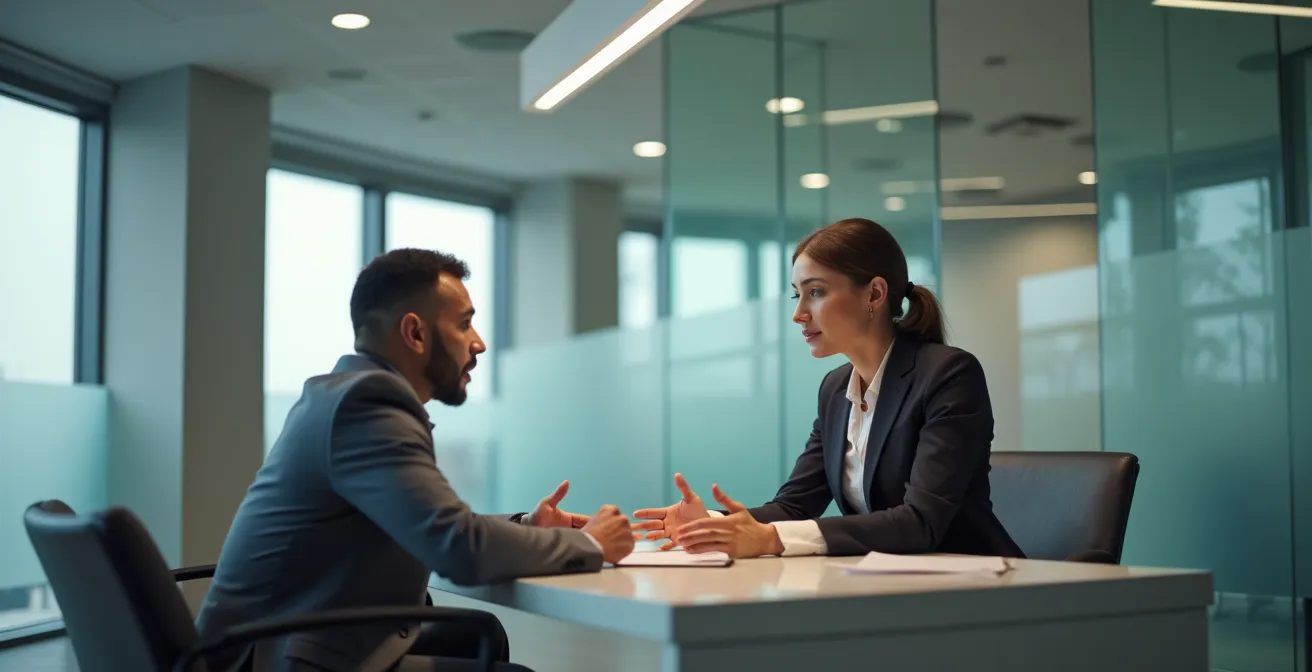 Un client face à son conseiller bancaire dans un bureau moderne, symbolisant la recherche de transparence